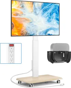Sleek Rolling TV Stand with Power Outlet for Home Decor, Height Adjustable Portable TV Stand on Wheels for 32-70 Inch TVs,  Tall Mobile TV Cart with Mount Up to 88 lbs, White