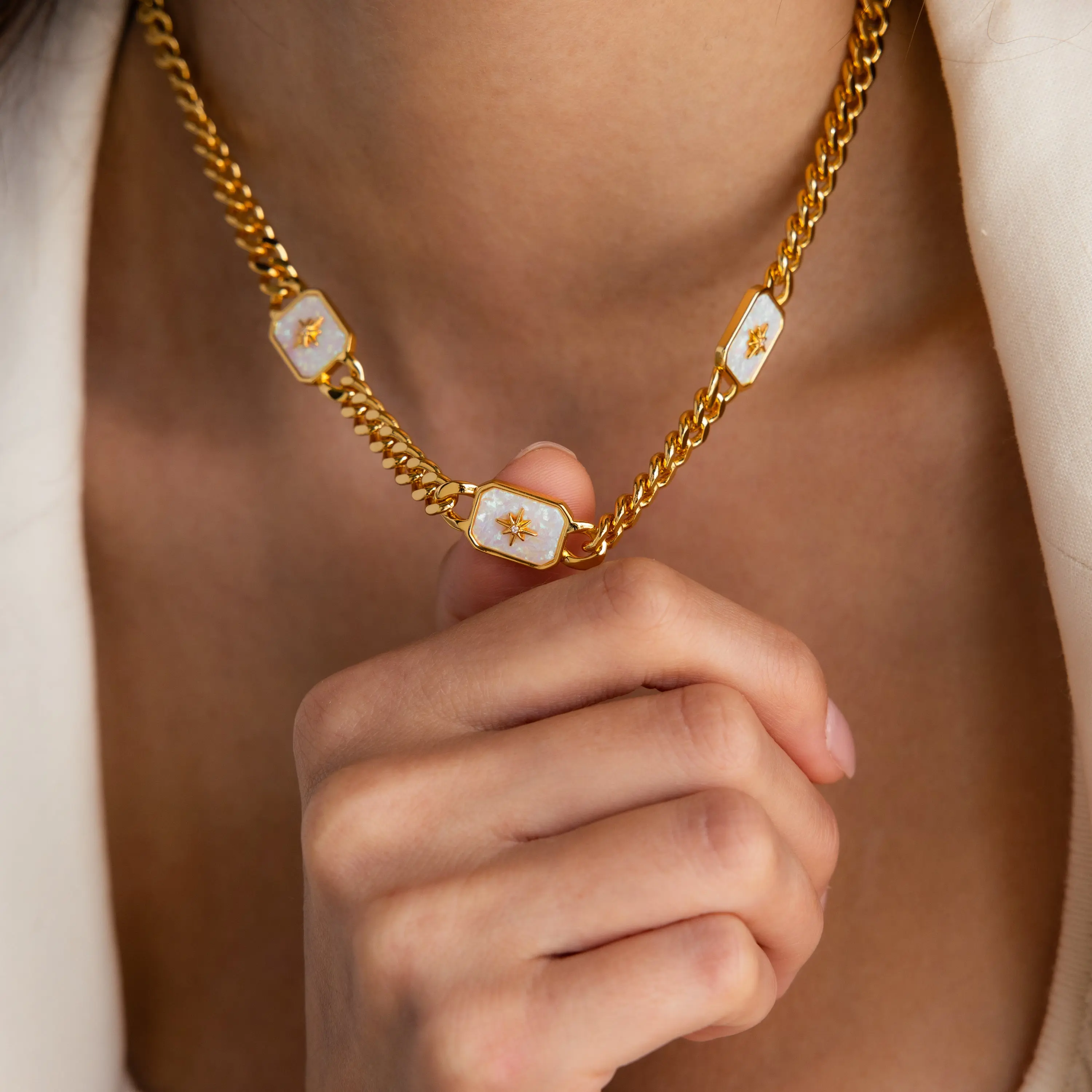 North Star Opal Trio Necklace by Caitlyn Minimalist - Chunky Celestial Charm Necklace with Curb Chain - Statement Jewelry - Gift for Her