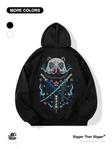 Demon Slayer Tanjiro Graphic Print Loose-Fit Hoodie with Pockets, Casual Breathable Outdoor Sports Wear, Unisex Trendy Sweatshirt