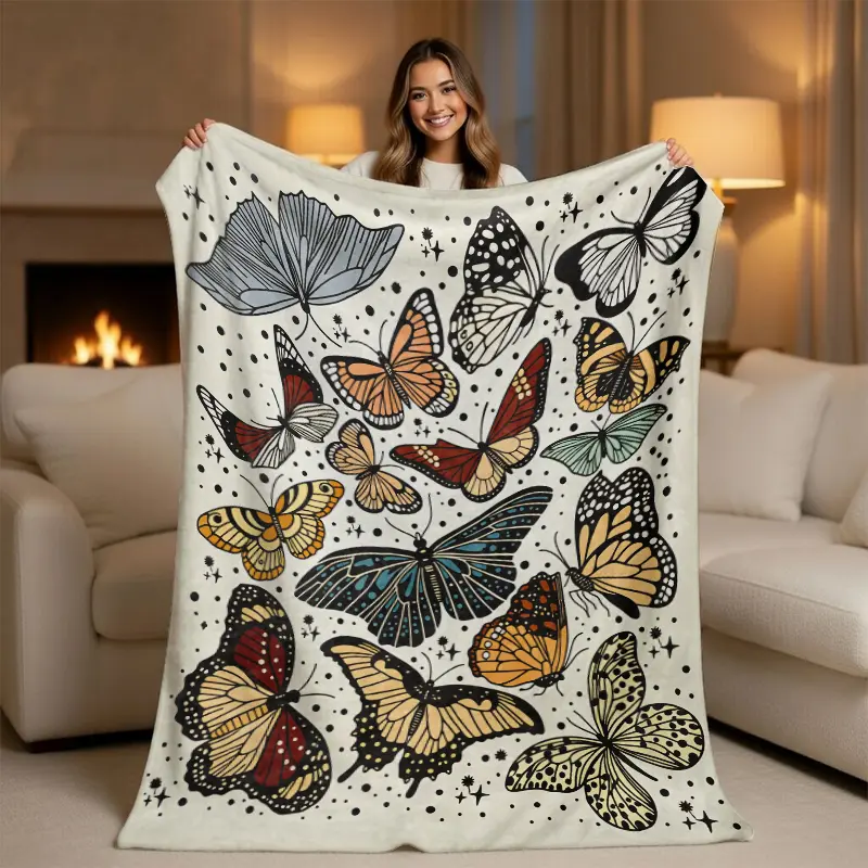 Vintage Butterfly Detail Fleece Blanket - Fluffy Plush Boho Blanket, Bohemian Style Animal Artwork Cottagecore Throw, Retro Nature Decor Gift for Butterfly Lovers, Fluffy Blankets, Boho Blankets