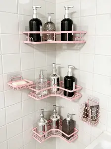 5 PCS Shower Caddy, NoDrilling Bathroom Organizer with Soap Holder,Adhesive Bathroom Caddy, Pink Installation Square Transparent Stainless pink bathroom stick-on shelf Rustproof Black Set
