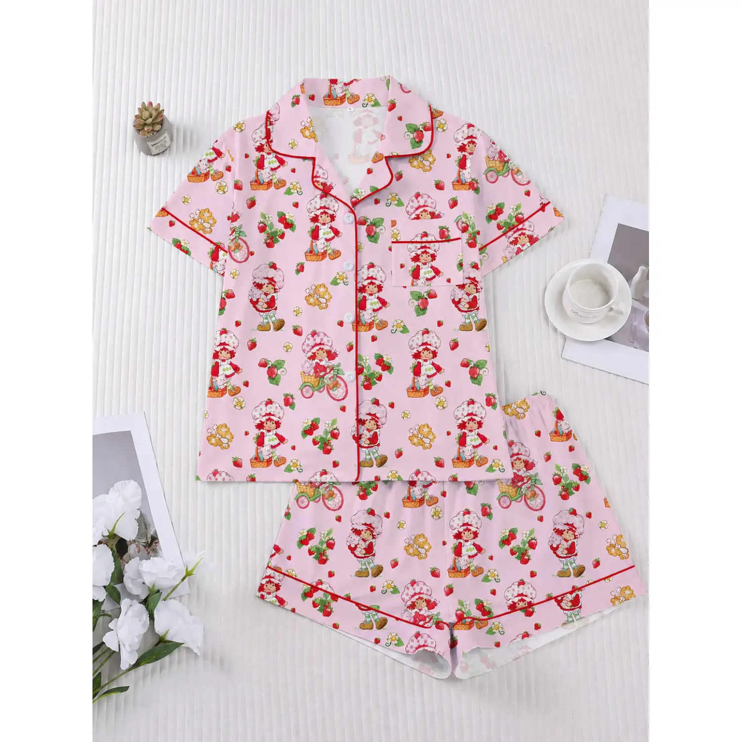 Strawberry Cartoon Print Women's Pajama Set: Short Sleeve Button-Up Top & Elastic Shorts, Casual Loungewear for Daily Comfort