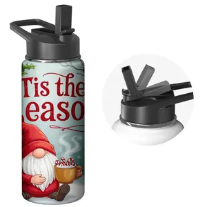 Stainless Steel Water Bottle with Flip Lid - Black, Tis the Season Gnome and Coffee Cup Design - Holiday Gift for Christmas, Outdoor, Gym, Travel