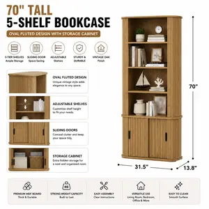 70" Tall 5-Shelf Bookcase with Storage Cabinet, Oval Fluted Bookshelf with Sliding Door & Adjustable Shelves, Vintage Oak Bookcase for Living Room, Bedroom & Home Office