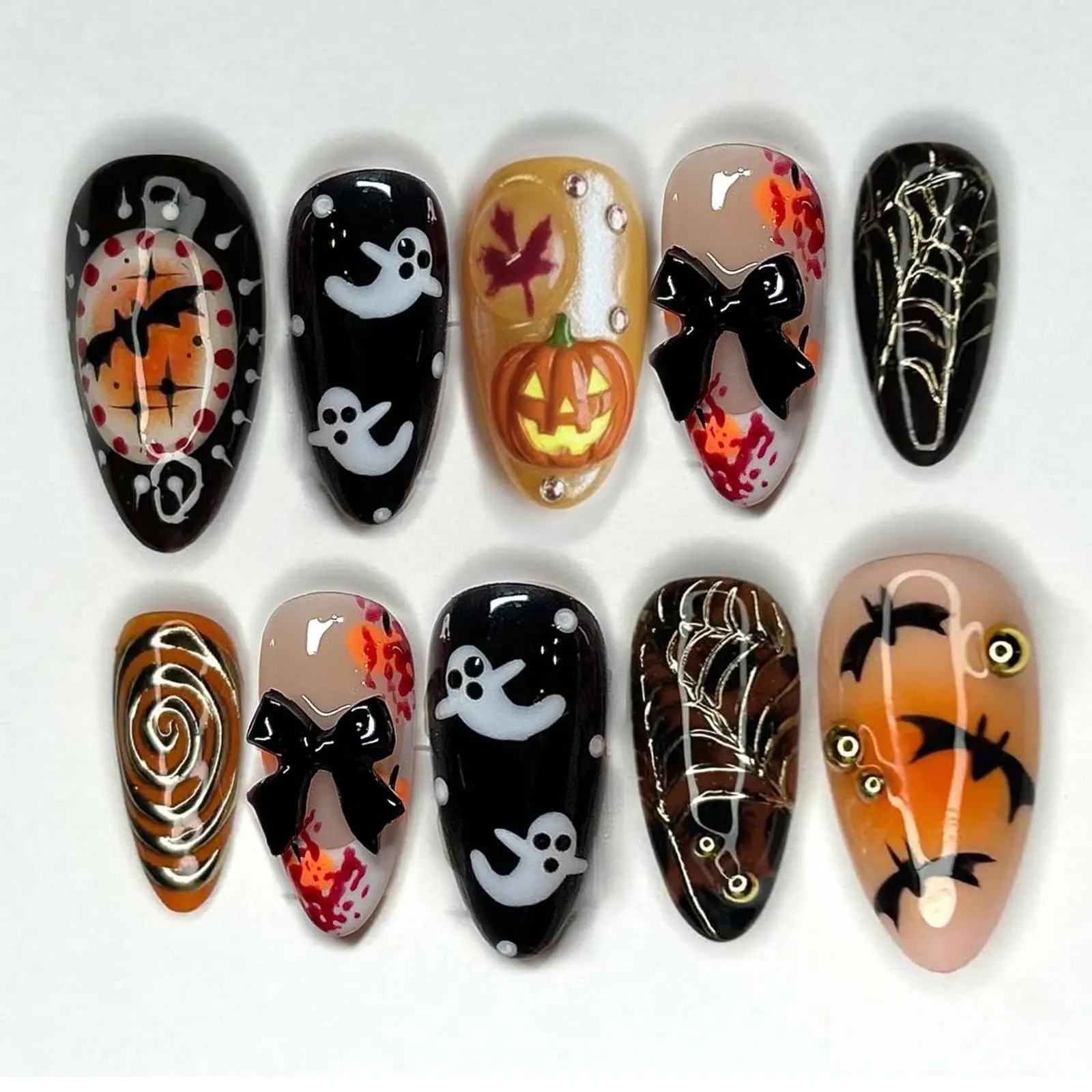 30Pcs Halloween Press On Nails Almond - Spooky Ghost Bat Pumpkin Design | Gothic acrylic press-on nails with 3D bows, rhinestones, ghost/bat/pumpkin. Reusable & easy apply. Ideal for Halloween party.