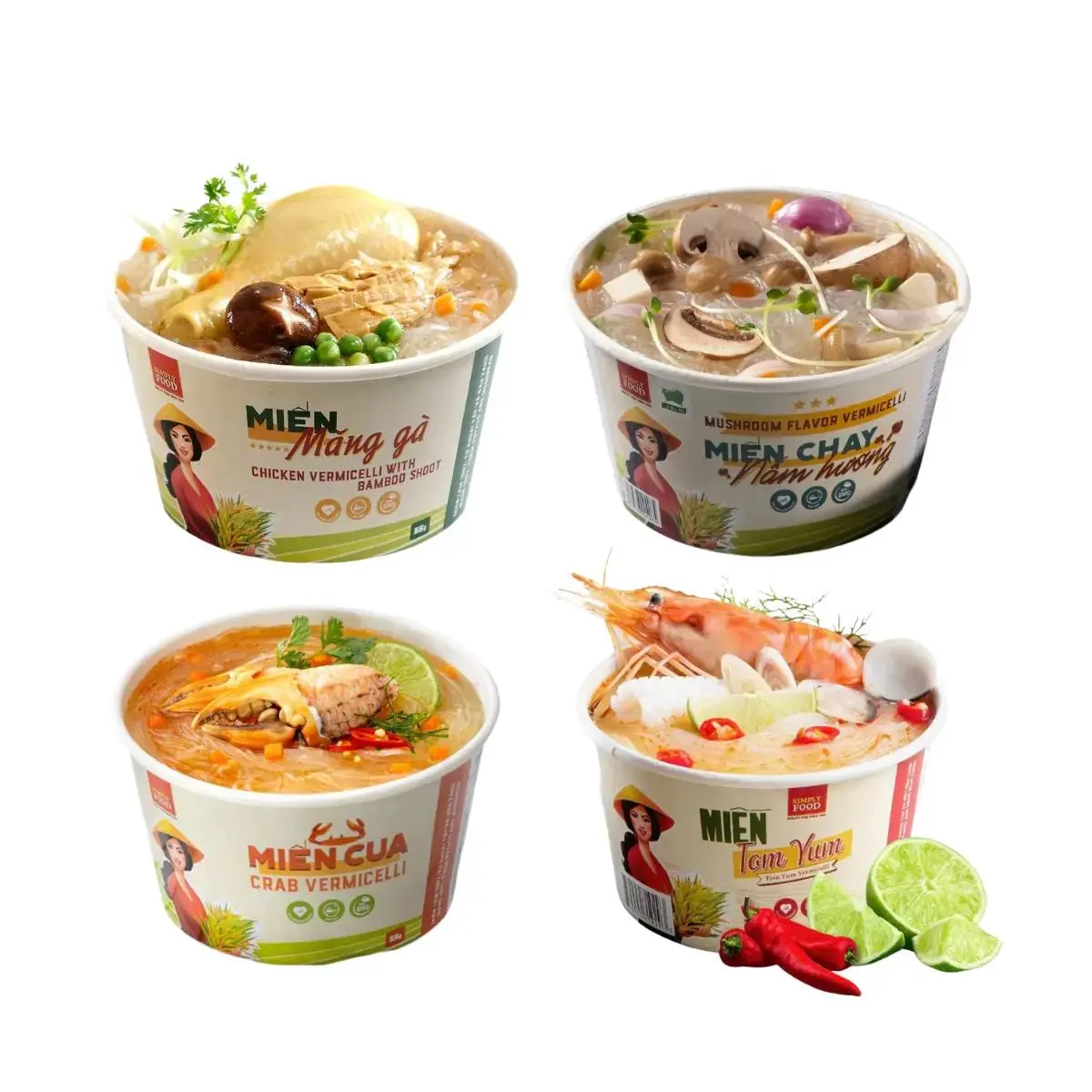 [Simply Food] Instant Vermicelli Bowl 1.94oz – Crab, Chicken Bamboo, Mushroom, Tom Yum Flavors