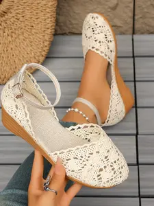 Summer Soft Sole Breathable Lace Cutout Sandals, Women's Round Toe Flatform Shoes, Elegant Daily Commute Fisherman Sandals, Casual Platform Sandals