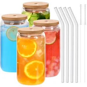 MIUVA 4 Pack Glass Cups with Bamboo Lids & Glass Straws Set 16oz Can Shaped Drinking Glasses for Iced Coffee Beer Whiskey & Cocktails Reusable Stylish Drinkware Gift