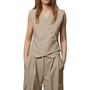 Women's 2-Button & Button-Operated Solid Basic Fitted Sleeveless V-Neck Asymmetrical Hem Blazer Vest Blouse, Comfortable Garment for Casual Workwear Office Use