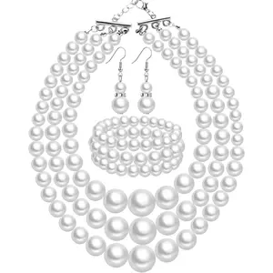 1920s Pearl Necklace for Women Costume Jewelry Set Faux Pearl Necklace Bracelet Earring for Party Wedding Gift