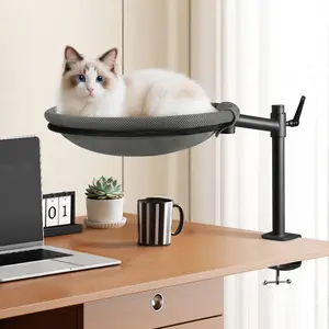 Cat Desk Bed - Sturdy Cat Bed for Desk with 360° Rotating & Adjustable Height, Elevated Cats Nest Perch for Desk, Grey