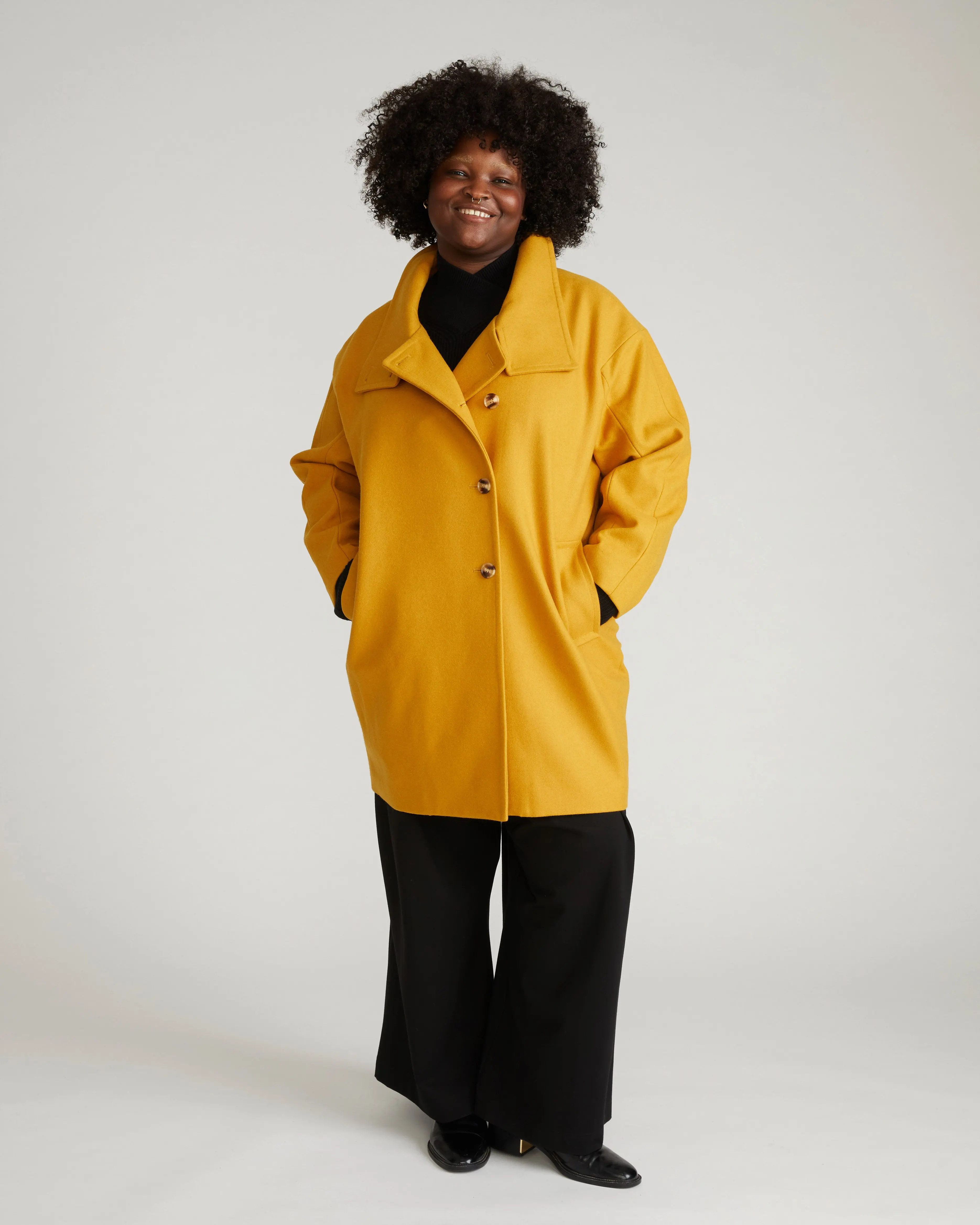 Cocoon Wool Coat for Women, Soft and Warm Vintage-Inspired Funnel Neck Outerwear with Hip Pockets in Soft Mustard, Jackets