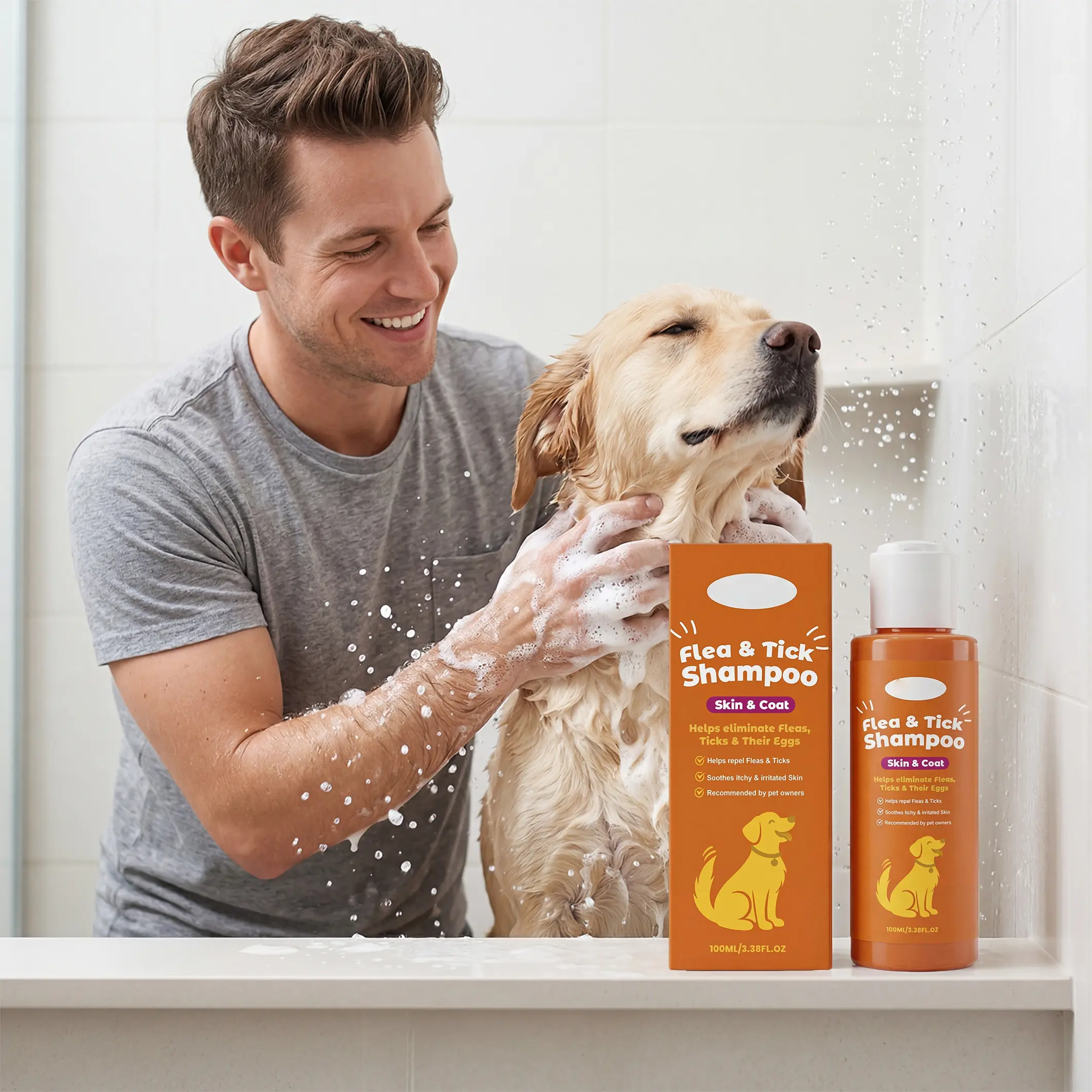 Flea and Tick Shampoo for Dogs & Cats -Gentle Treatment with Decyl Glucoside, Tick Control, Skin Relief, Odor Remover, Natural Formula, Armor Plus, Daily Grooming Wash for Fluffy Coats