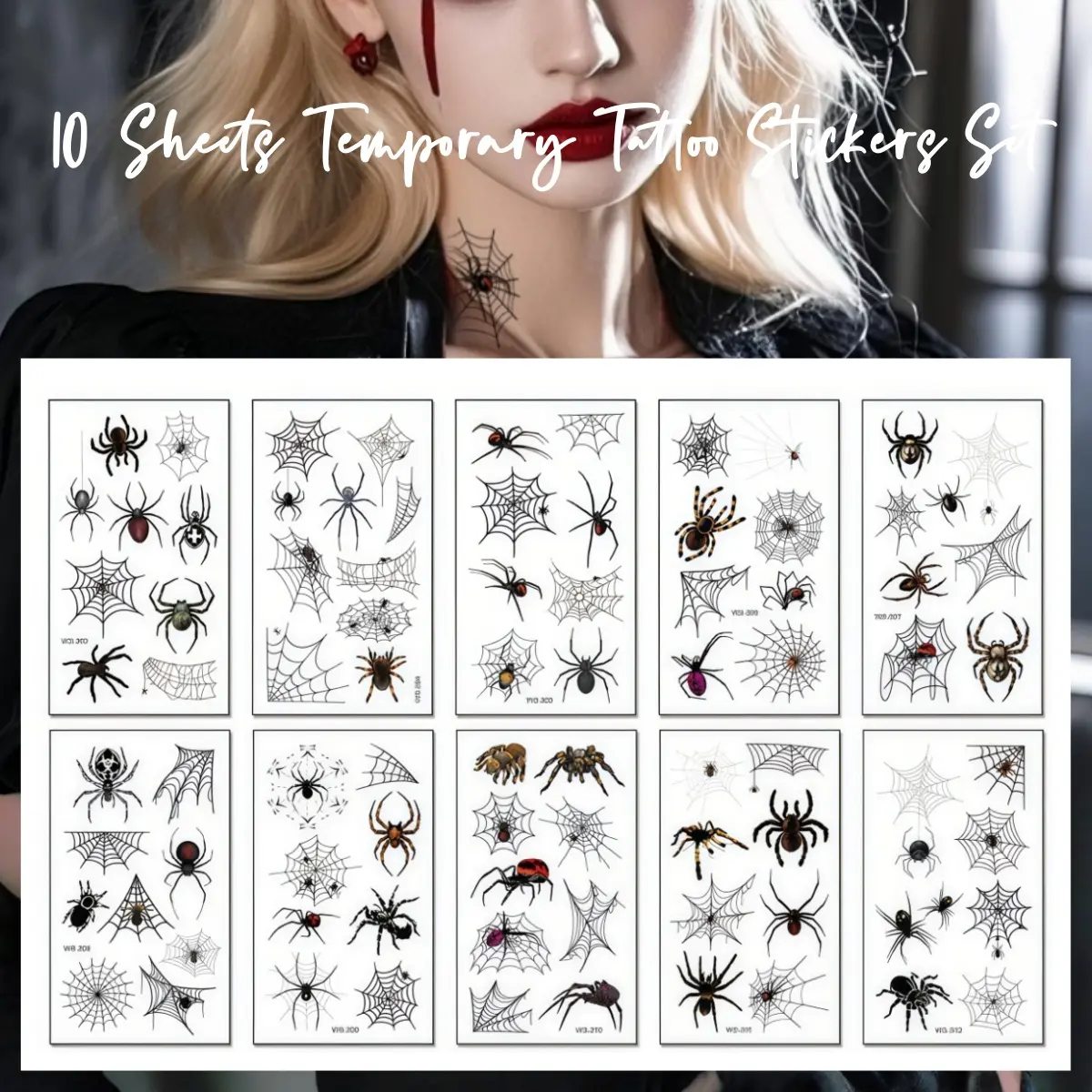 10 Sheets 80+PCS Spider Web Temporary Tattoo Set, Realistic Fake Tattoo Stickers Body Shoulders Arms Legs Makeup Kit, Tattoo Stickers for Kids Adults (Unisex), Waterproof Easy Apply & Remove, Perfect for Halloween Party Costume Decor