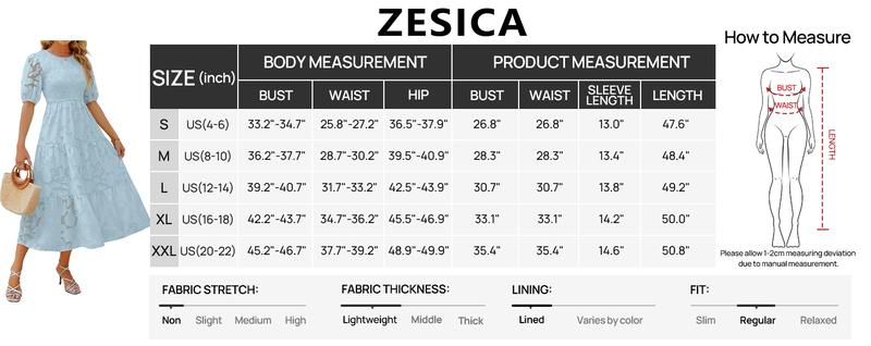 ZESICA Women's 2026 Summer Short Puff Sleeve Crewneck Smocked Floral Lace Flowy A Line Tiered Maxi Dresses