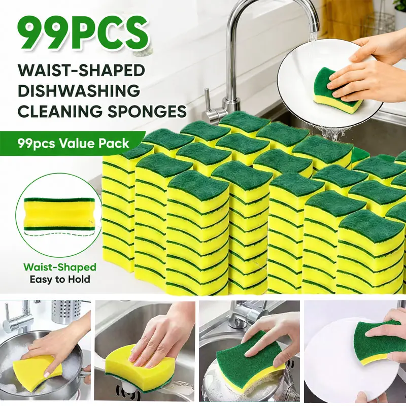 99PCS Waist-Shaped Dishwashing Sponges, Heavy Duty Scrub Sponges for Kitchen Cleaning