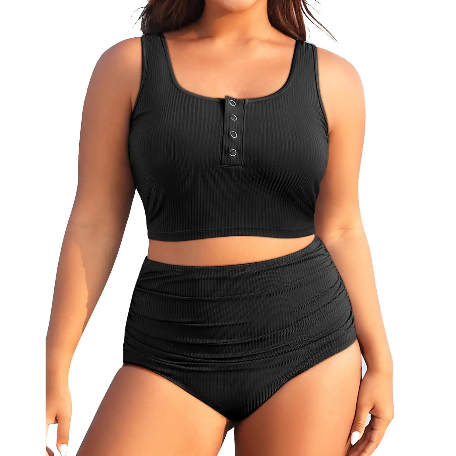 Yonique Plus Size Two Piece Swimsuit - Womens High Waisted Bikini Tummy Control Bathing Suit Ribbed 2025 Swimwear