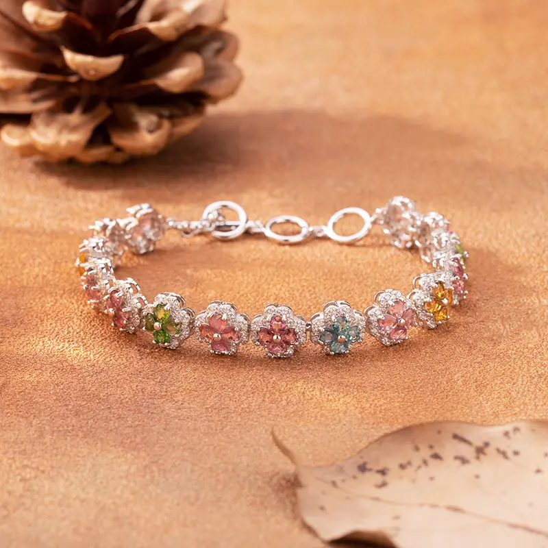 Loveden Natural Tourmaline Lucky Four-Leaf Clover Healing Stones Bracelet For Women S925 Silver Multicolor Gemstone Adjustable Charm Jewelry Birthday Gift