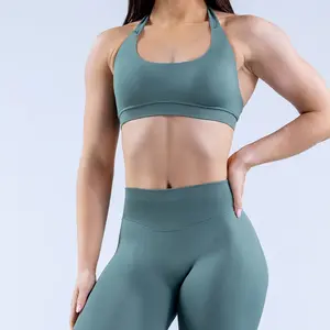 Macaron Color Matching Activewear Set, Quick Dry Stretch Low Waist Yoga Pants, Women Shoulder Strap Sports Bra with Chest Pads for Gym Running Workout