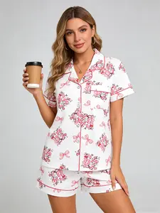 Girly White Number Pajama Set for Women, Button Down Short Sleeve, Spring Summer Casual Loungewear, Pink Number Print, Gentle Fresh Homewear