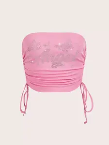 SAMPLEI Rhinestone Letter Pattern Drawstring Side Tube Top