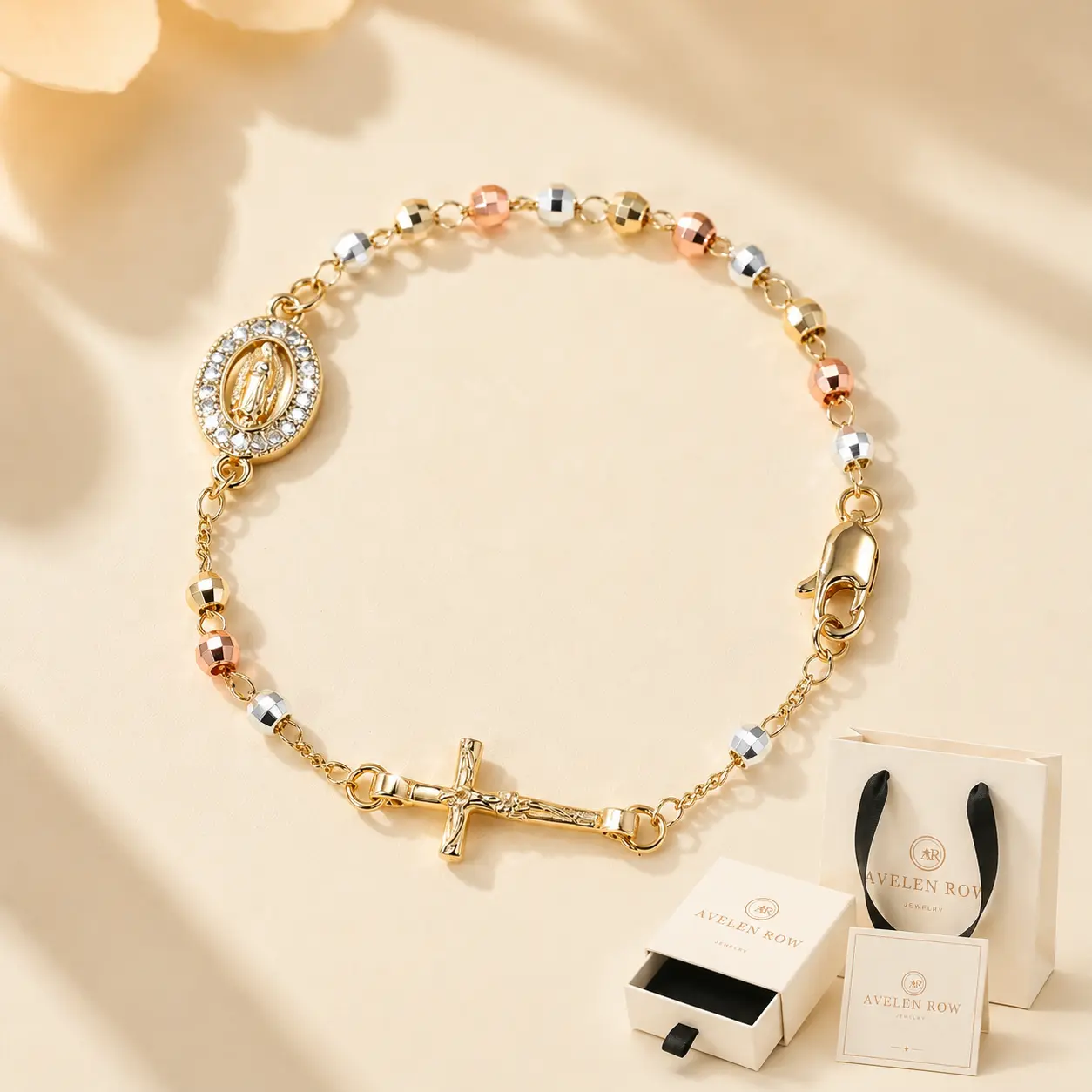 Saint Benedict Bracelet for Women, 14K Gold Plated Catholic Rosary Pearl Bracelet with Cross Charm, San Benito Jewelry Gift for Baptism, First Communion