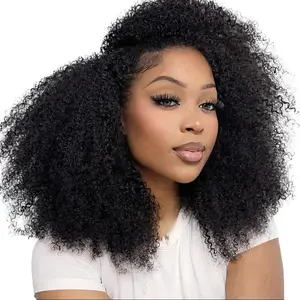[Wear Go Half Wig] BGMgirl Invisible Hairline Afro Curly Kinky Straight Half Wig Glueless Human Hair Butterfly Yaki Layered Cut Wigs Water Wave Kinky Curly Seamless Flip Over Updo Down Style Hairpiece Beginner Friendly 100% Human Hair Summer Style