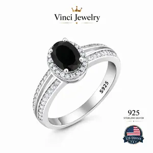 925 Sterling Silver Black Oval Gemstone Ring, Halo Split Shank Band, Vintage Elegant Jewelry for Daily Wear, Wedding, Anniversary, Party