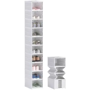 HOMCOM 10 Pack Foldable Shoe Organizer, Plastic No Assembly Stackable Shoe Storage Box with Clear Door, Space Saving, Fit up to US Size 10, White