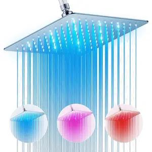 High  10'' Rain Shower  with LED, Chrome Square Anti-Clogging Fixed Shower , 360?Adjustable Brass Ball Joint & Auto-Color Changing Technology