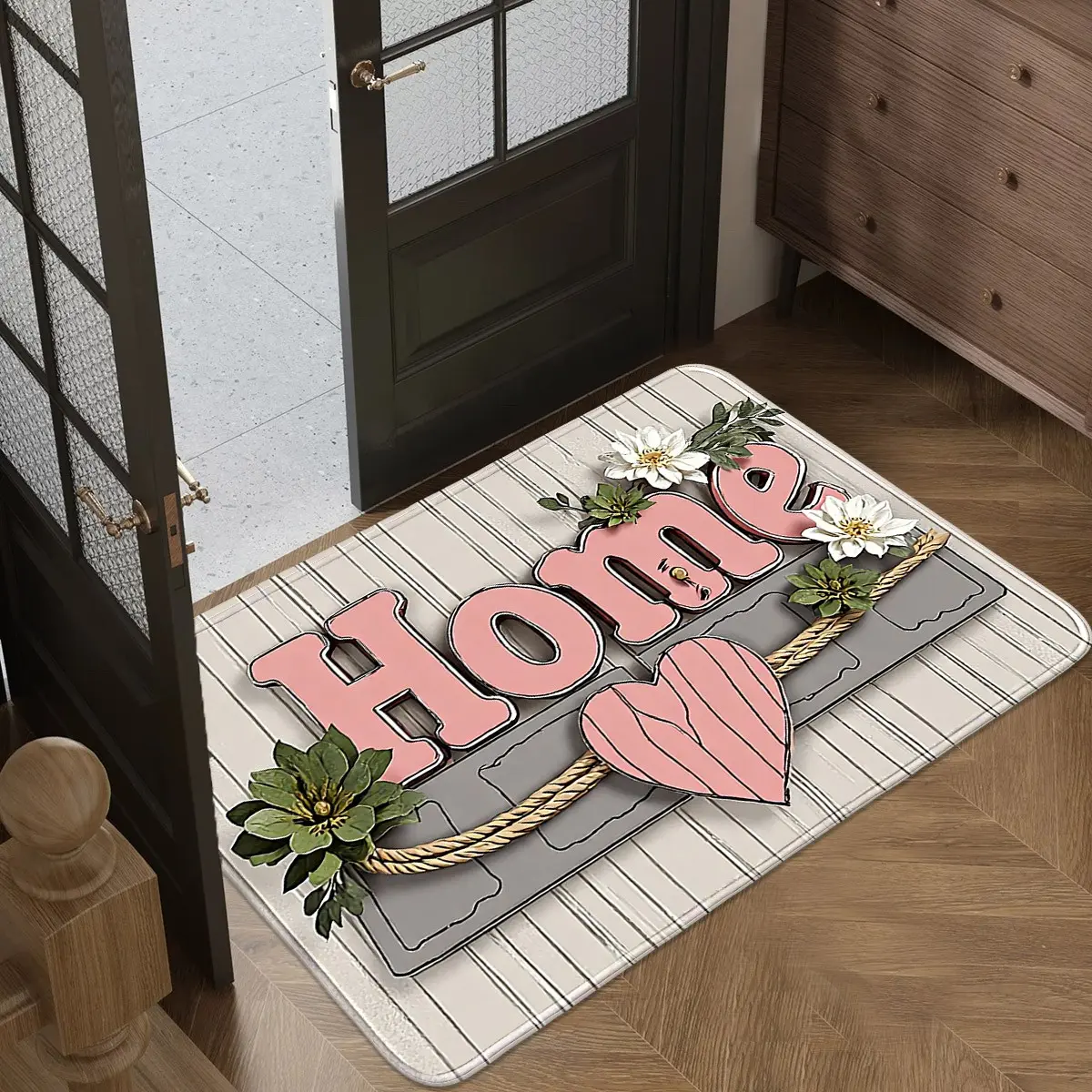 1pc Flannel 100% Polyester Minimalist Line Pink-HOME-Heart ENTRANCE RUG, Contemporary Decorative Rug, door/foyer/office light absorb light slip-safe, cozy fresh, bath/kitchen fit, gentle-wash easy-care, Indoor Welcome Mat, Polyester Fiber Doormat