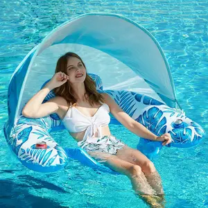 Pool Float with Canopy - Inflatable Pool Floaties Adult Floating Pool Chair Lounge Floats for Swimming Pool Water Chair Pool Lounger with Cup Holders Pool Toy Party Floaty for Adult