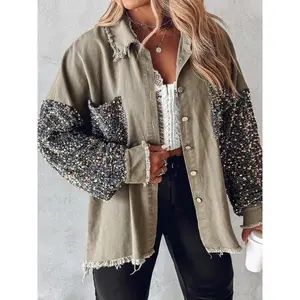 [Plus Size] Contrast Sequin Raw Hem Button Front Shirt Jacket, Casual Long Sleeve Collared Pocket Outerwear for Fall & Winter, Women's Clothes for Daily Wear rock star puffer jacket trench coat peacoat