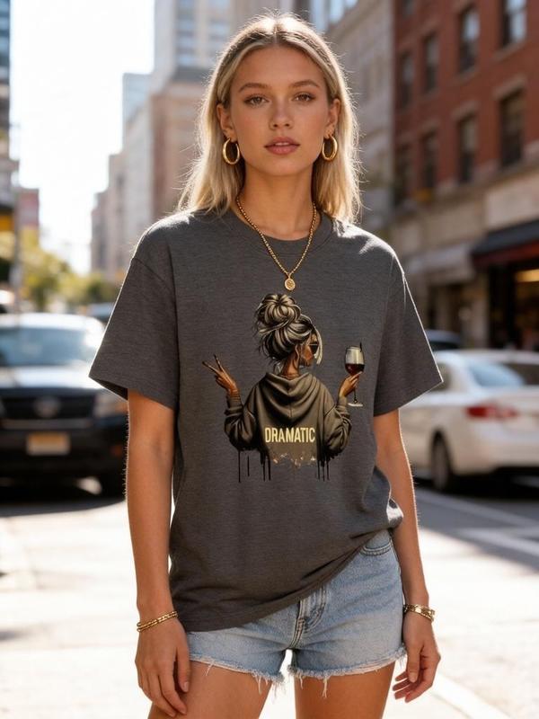 Women's Soft Cotton Cropped H-Type T-Shirt - Crew Neck, Short Sleeves, Chic, Lightweight Fitted Top, Graphic Print Messy Bun Art, Sassy Casual Wear, Trendy for Thanksgiving, Valentine's Day, Easter