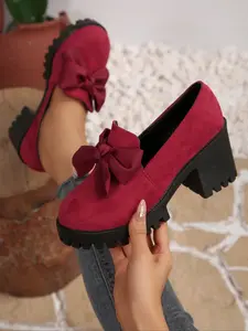 New Spring Fall High Heel Single Shoe, Waterproof Thick Sole Bow Mary Jane Loafers, Comfortable Platform Back-To-School Shoes