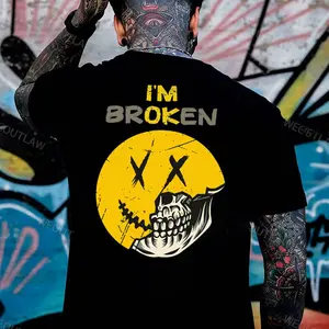 I'M BROKEN Emoji Skull Black Print T-shirt
