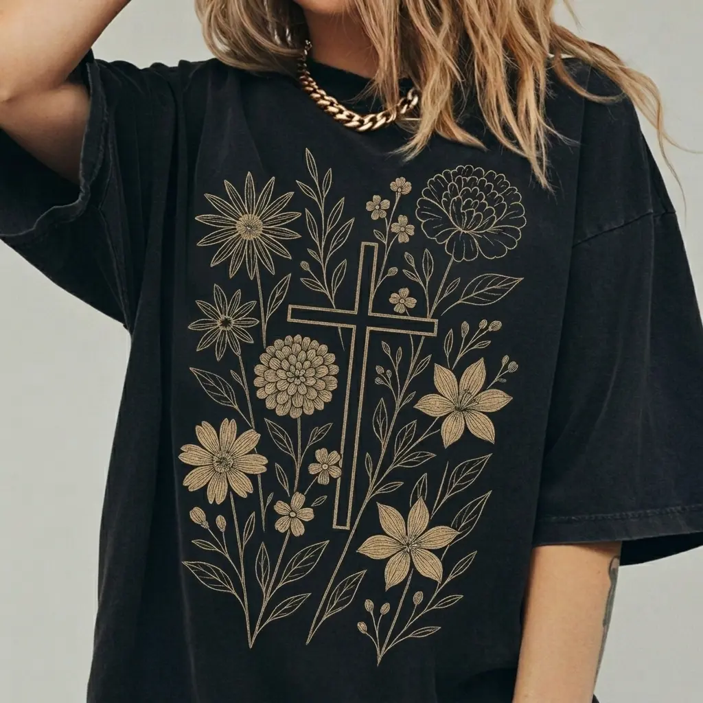 Women's Oversized Cotton Printed Vintage Floral Cross Graphic T-Shirt - Baggy Soft Unisex Retro Crew Neck Christian Faith Gold Line Art Apparel, Black Casual Streetwear, All-Seasons Basic Classic Top, Hand-Wash, Custom Production Leadtime, S