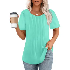 Womens T Shirts Short Sleeve Pleated Dressy Casual Scooped Neck Summer Tops Blouses