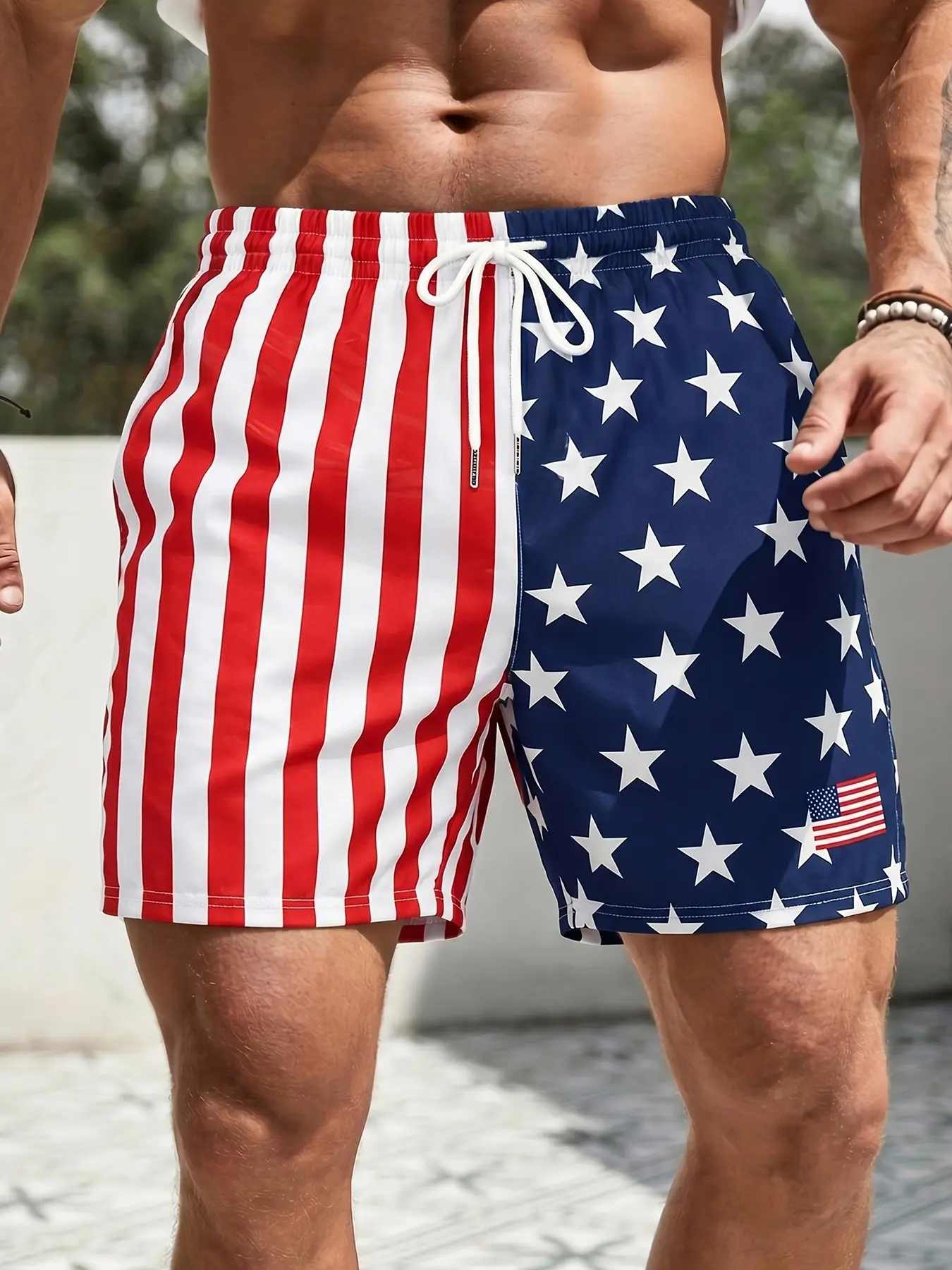 Men's American flag printed swimming shorts, featuring patriotic American star striped beach underwear, suitable for loose fit on summer beaches, swimming pools, and casual wear, and durable bold prints for patriotic fans, Beach Trunks, Swimwear Shorts