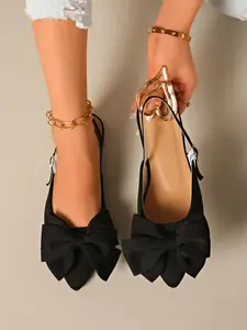 Women's Black Glitter Bow Pointed Toe Slingback Flats - Adjustable Strap Casual & Evening Footwear #slingbackflats #bowshoes #glitterflats #tiktokshoefinds #blackflats