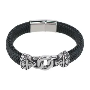 Trafalgar Silver Interlock Pattern on Black Leather Bracelet, Bracelets