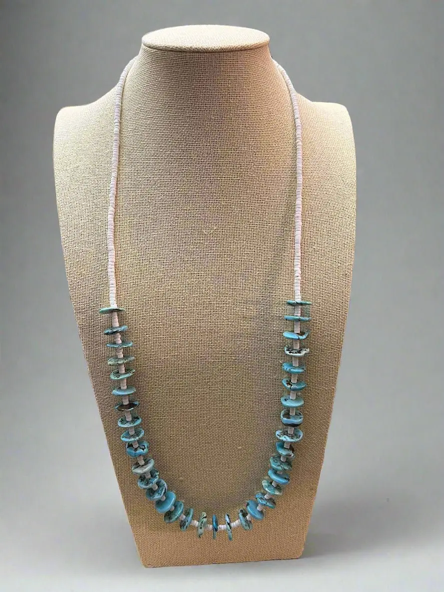Long Blue Disk Turquoise & White Shell Western Necklace — 26"