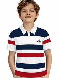 Boys' Striped Polo Short Sleeves Summer Casual Breathable Collared Tee, Fashion Versatile Kids Clothing, Loose Fit Graphic Top