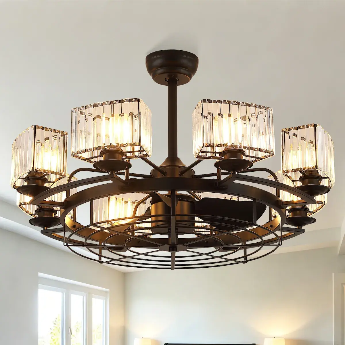 34 In Modern Elegant Crystal Chandelier Ceiling Fan with Remote Control and Light Kit Elegant Crystal Chandelier with Six Light Fixtures and Modern Design for Home Decor