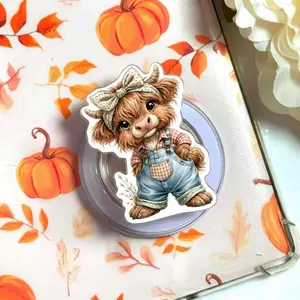 Cute Easter Highland Cow Magnetic Phone Grip, Aesthetic Pink Bunny Ears Highlander Mom Magsafe Kickstand, Trendy Girly Flower Cow Gift