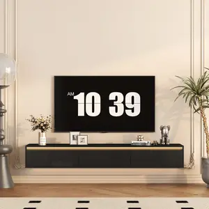Floating TV Stand Wall Mounted MDF TV Shelf with LED Lights Power Outlet 3 Plugs 2 USB Ports High Gloss Black for Living Room