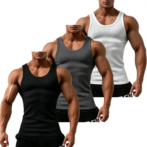 Men's 3-Pack Solid Athletic Scoop Neck Tank Tops - Breathable, Quick-Dry, Lightweight, Regular Fit, Standard Length Vests for Gym Sports, Casual Everyday Wear, Athletic Tank Tops