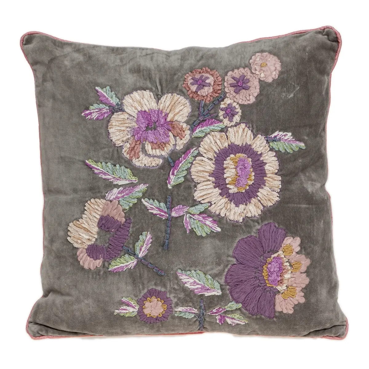 18x18 in 100% Cotton Textured Fabric 360-Stand Taupe & Purple Embroidered Floral Print Decorative Throw Pillow, Embellished Details, Colorful Accents, Zippered Removable Cover, Embroidered Cushions