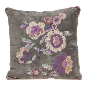 360 Stand Taupe & Purple Embroidered Floral Print Decorative Throw Pillow, 6x18x18 in 100% Cotton Fabric with Colorful Accents, Zippered Removable Cover
