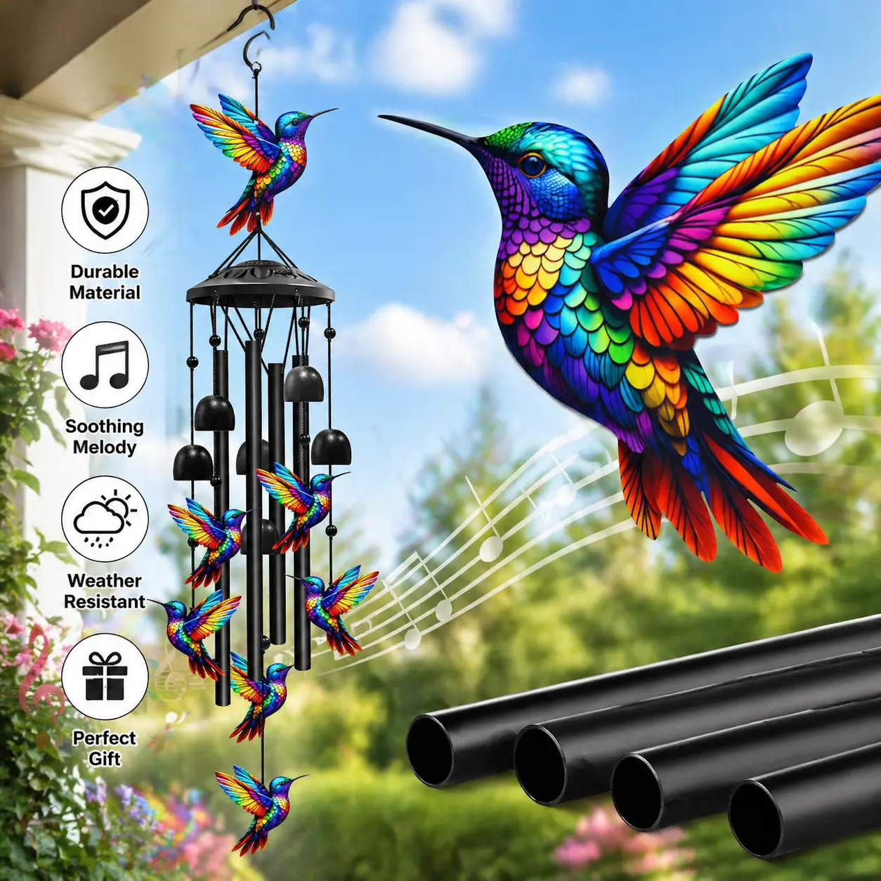 Colorful Hummingbird Metal Tuned Wind Chimes with Soothing Sound, Outdoor Patio Garden Decor, Sympathy-Housewarming Gift